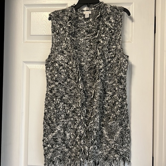 Chicos Black White Marled Fringe Vest Open Long Knit Sweater Cardigan Duster S - Picture 1 of 14
